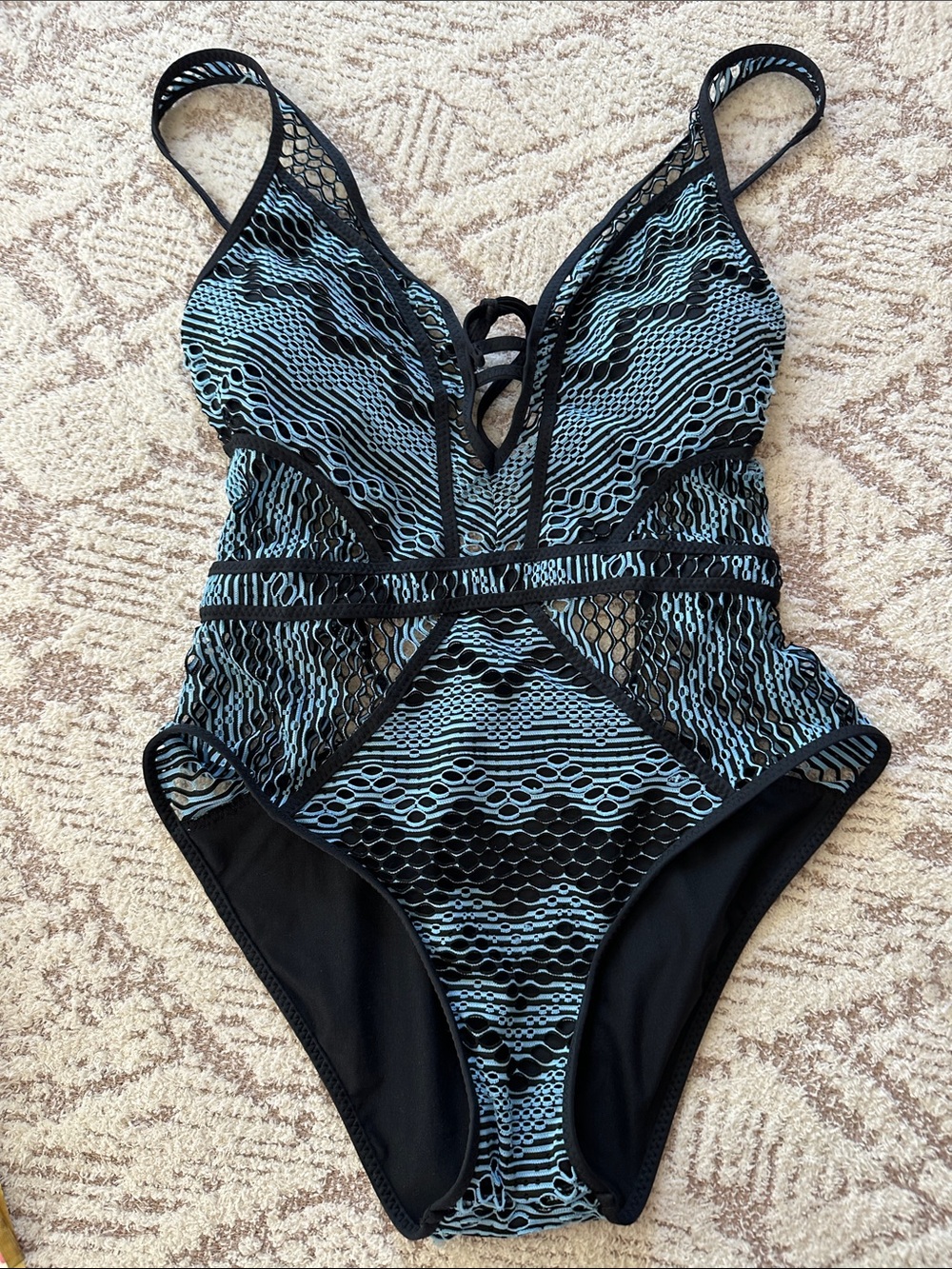 BECCA Blue Black Cutout One Piece Swimsuit Lace Up Plunge Monokini L